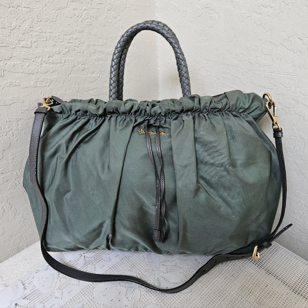 Prada Green Nylon Handbag With Long Handle Satchel AUTHENTIC